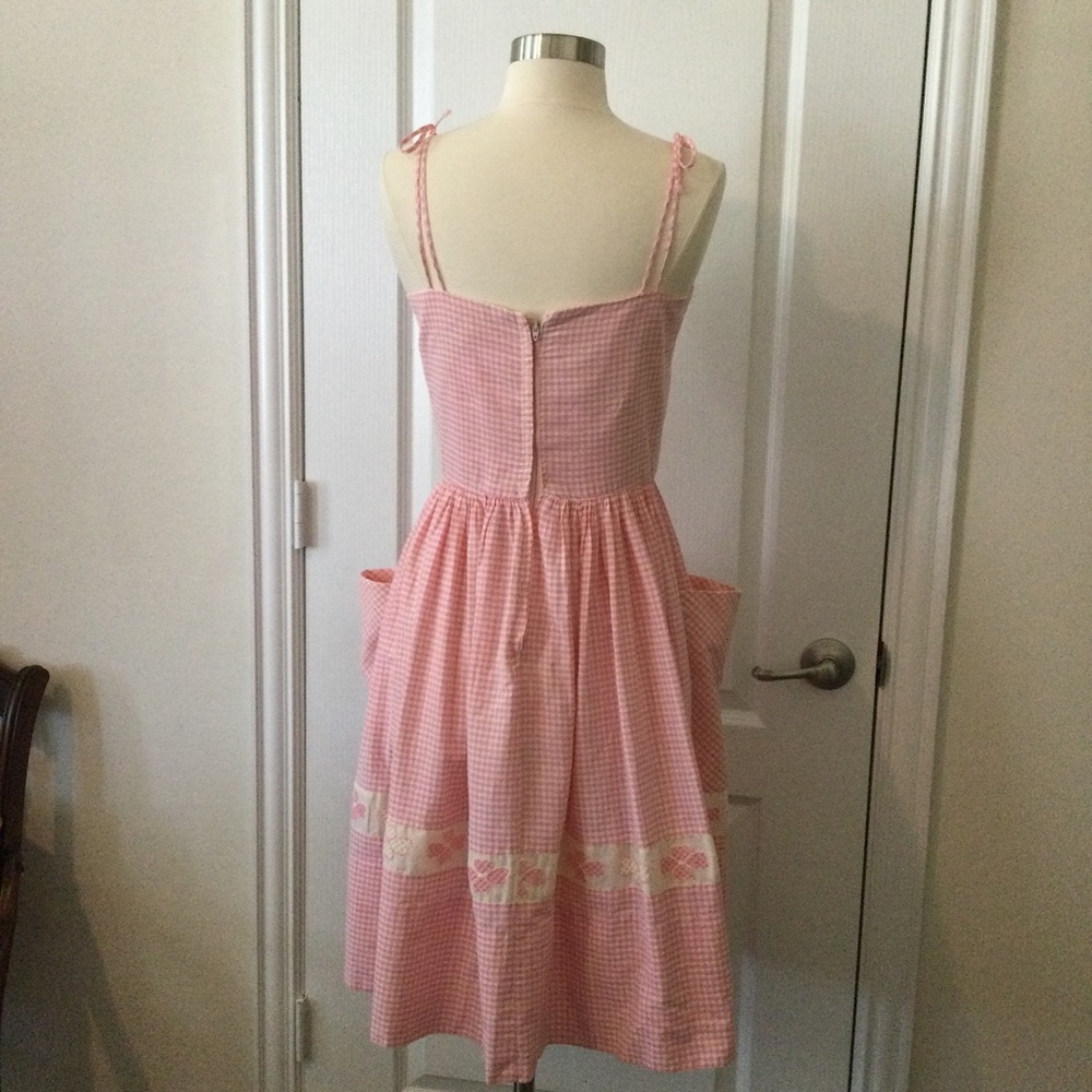 Vintage 1960s Pink Gingham Summer Dress Floral Organza Lace Sz S - Picture 3 of 7